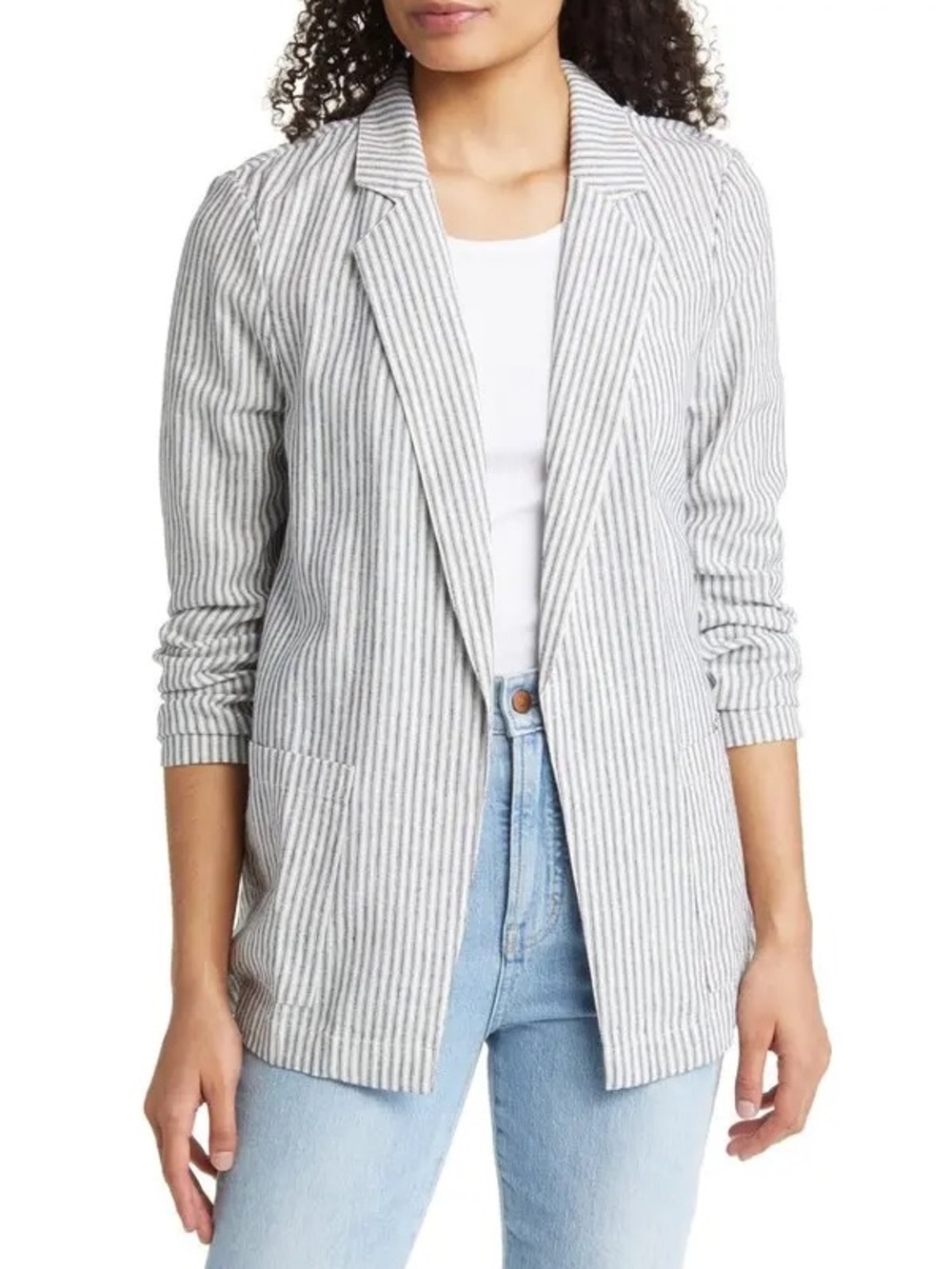 Caslon | Open Front Stripe Linen Blend Blazer - Neutral Chic Coastal Layering